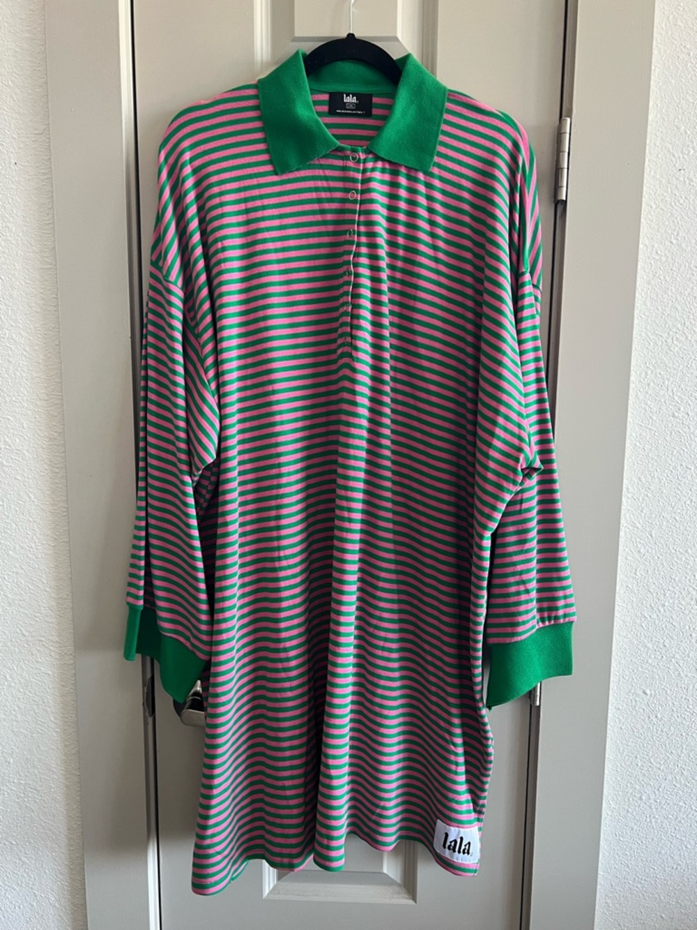 Dressed in LALA Pink & Green Striped Polo Tee